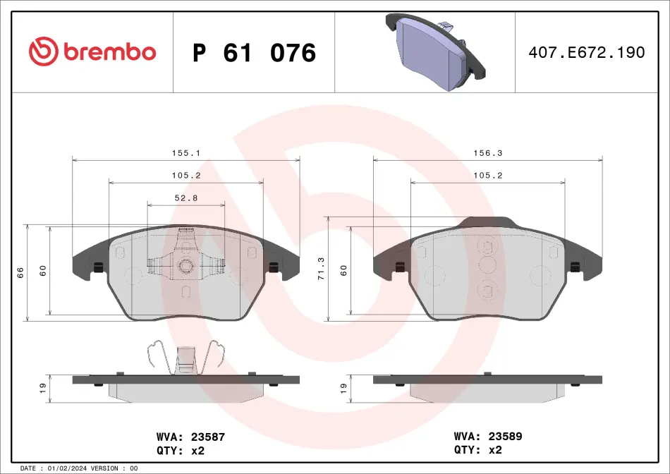 Колодка гальм. диск. AUDI A3, SEAT, SKODA, VW передн. (вир-во) BREMBO P-61-076 (фото 1)