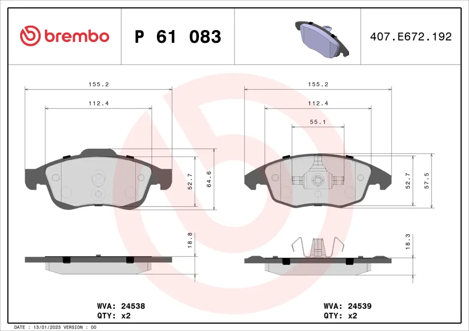Колодка гальм. диск. CITROEN C4 передн. (вир-во) BREMBO P-61-083 (фото 1)