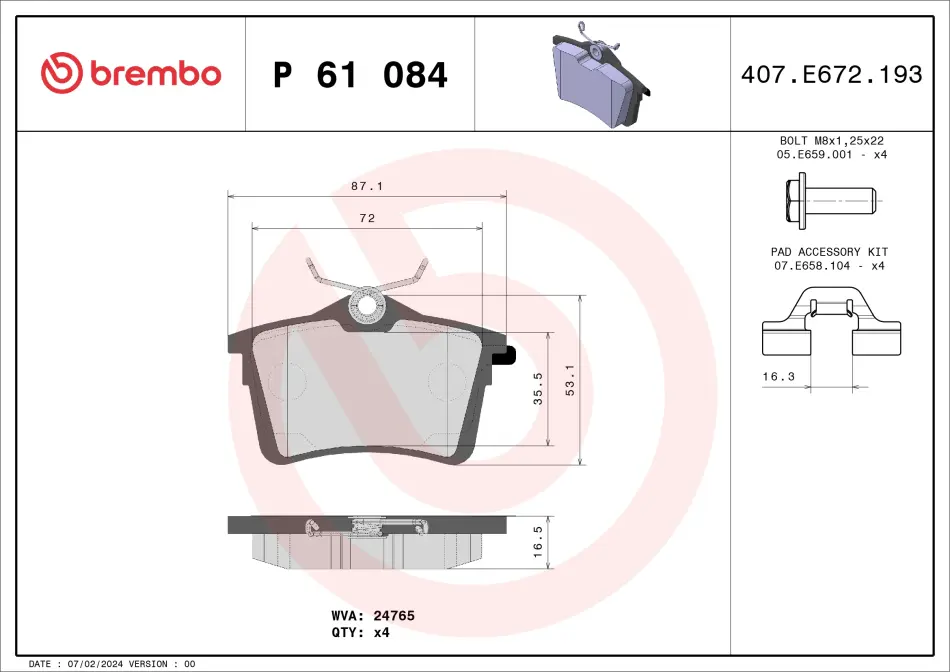 Колодка гальм. диск. CITROEN BERLINGO 08-; PEUGEOT PARTNER08-,308 SW 07- задн. (вир-во) BREMBO P-61-084 (фото 1)