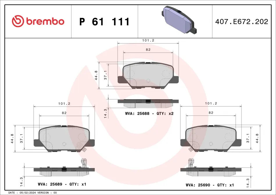Колодка гальм. диск. MAZDA 6 2.0 2.2D 2.5 2013 - задн. (вир-во) BREMBO P-61-111 (фото 1)