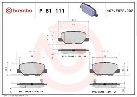 Колодка гальм. диск. MAZDA 6 2.0 2.2D 2.5 2013 - задн. (вир-во) BREMBO P-61-111