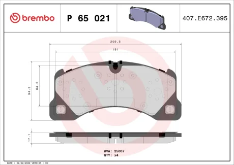 Колодка гальм. диск. PORSCHE CAYENNE, VW TOUAREG передн. (вир-во) BREMBO P-65-021
