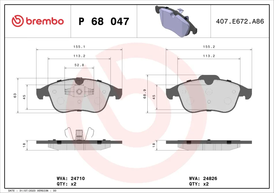 Колодка гальм. диск. RENAULT MEGANE III 08 - передн. (вир-во) BREMBO P-68-047 (фото 1)