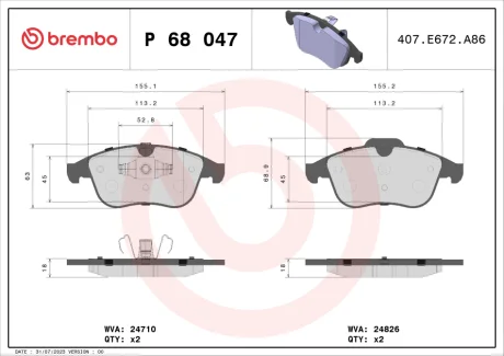 Колодка гальм. диск. RENAULT MEGANE III 08 - передн. (вир-во) BREMBO P-68-047