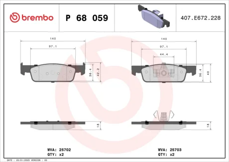 Колодка гальм. диск. DACIA LOGAN 1.2 1.5 2012-,SANDERO 2013-, CLIO IV 2012- передн. (вир-во) BREMBO P-68-059
