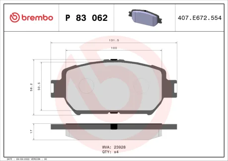 Колодка гальм. диск. TOYOTA CAMRY, передн. (вир-во) BREMBO P-83-062