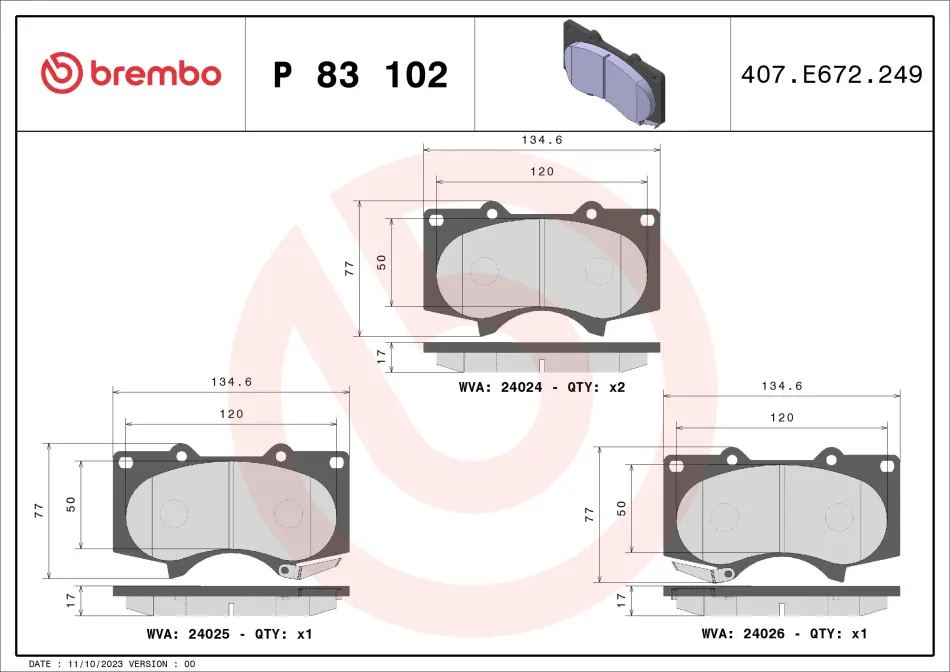 Колодка гальм. диск. TOYOTA LAND CRUISER (J12) передн. (вир-во) BREMBO P-83-102 (фото 1)