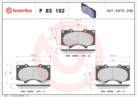 Колодка гальм. диск. TOYOTA LAND CRUISER (J12) передн. (вир-во) BREMBO P-83-102