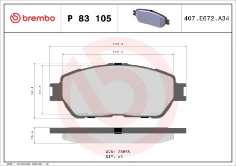 Колодка гальм. диск. передн. (вир-во) BREMBO P-83-105