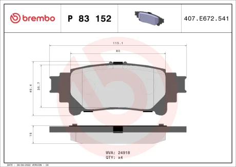 Колодка гальм. диск. LEXUS RX, TOYOTA PRIUS задн. (вир-во) BREMBO P-83-152
