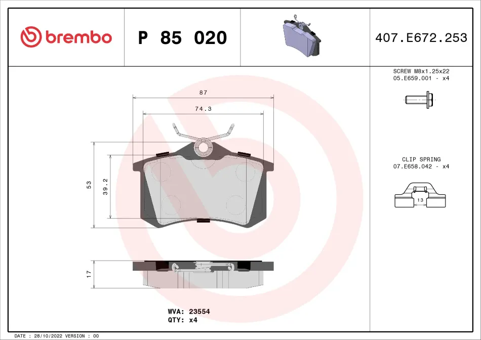 Колодка гальм. диск. PEUGEOT 308, SEAT IBIZA V, VW CADDY задн. (вир-во) BREMBO P-85-020 (фото 1)