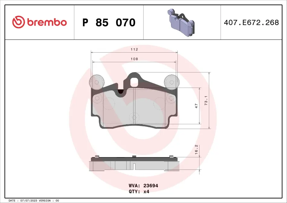Колодка гальм. диск. AUDI Q7, PORSCHE CAYENNE, VW TOUAREG задн. (вир-во) BREMBO P-85-070 (фото 1)