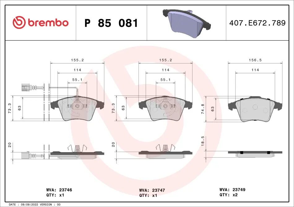 Колодка гальм. диск. VW T5 (7HB, 7HJ, 7HM) передн. (вир-во) BREMBO P-85-081 (фото 1)