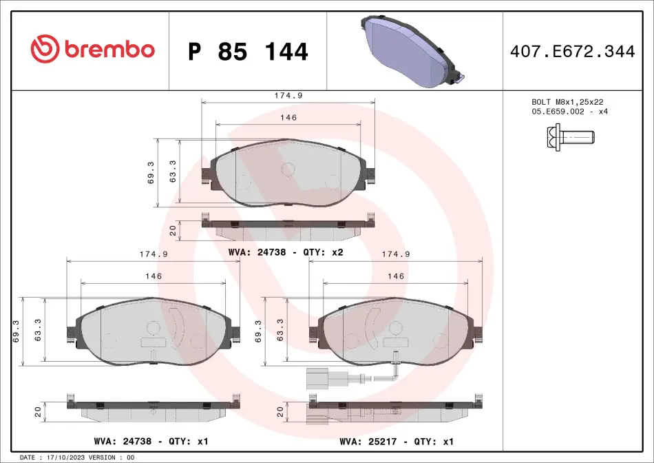 Колодка гальм. диск. VW PASSAT B8 передн. (вир-во) BREMBO P-85-144 (фото 1)
