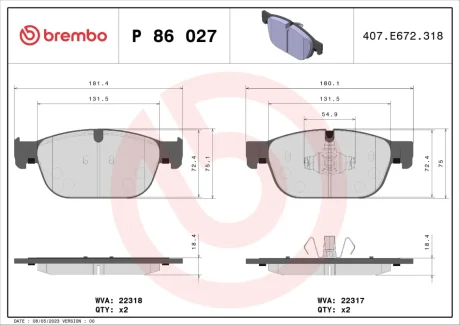 Колодка гальм. диск. передн. (вир-во) BREMBO P-86-027