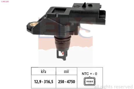 Датчик тиску наддува Citroen Berlingo 1.6HDi 10-/Fiat Scudo 2.0D 10-/Ford Connect 1.6 TDCi 13- 1.993.261 EPS 1-993-261