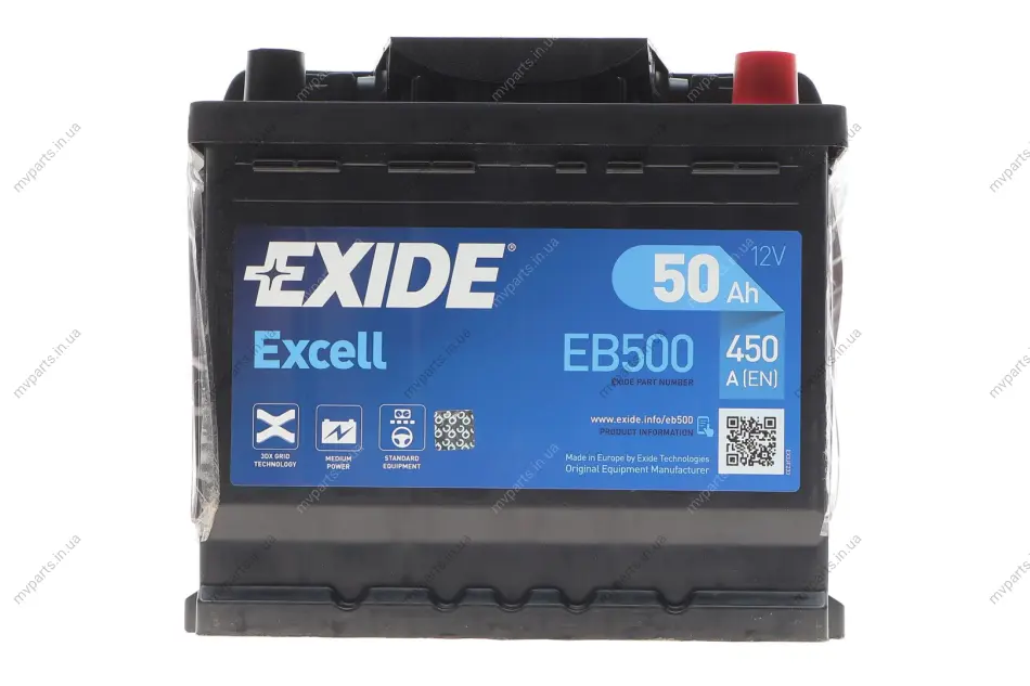 Акумуляторна батарея 50Ah/450A (207x175x190/+R/B13) Excell EXIDE EB500 (фото 1)