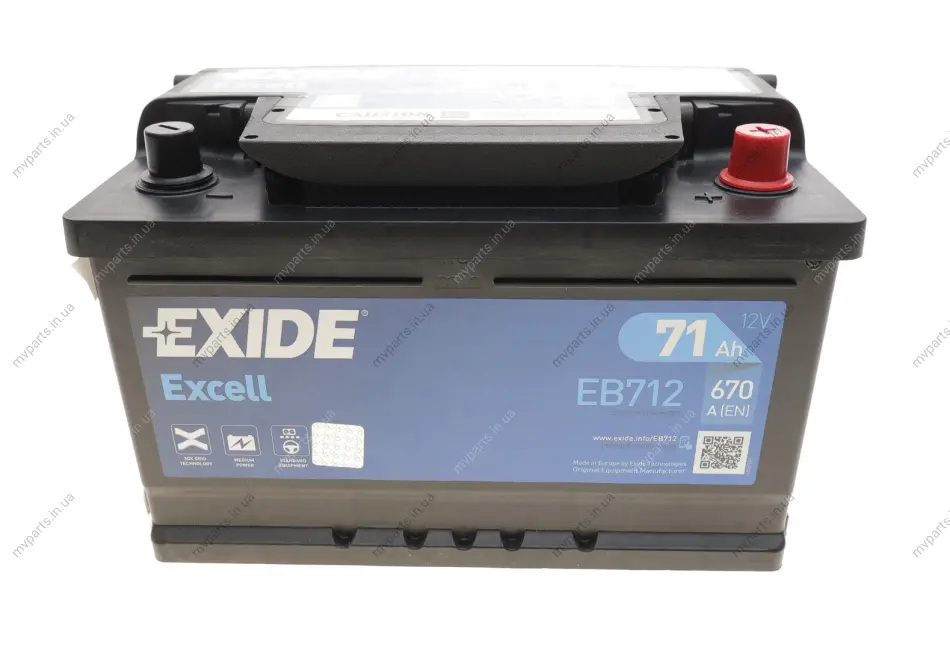 Акумуляторна батарея 71Ah/670A (278x175x175/+R/B13) Excell EXIDE EB712 (фото 1)