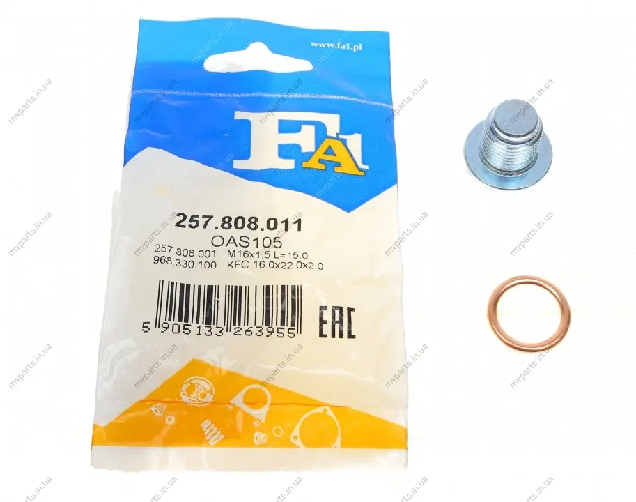Болт зливу оливи + шайба Citroen Berlingo/Peugeot Partner 1.6 /Peugeot Boxer 2.2 HDi 09- (M16x1.5) FA1 257.808.011 Fischer Automotive One (FA1) 257-808-011 (фото 1)