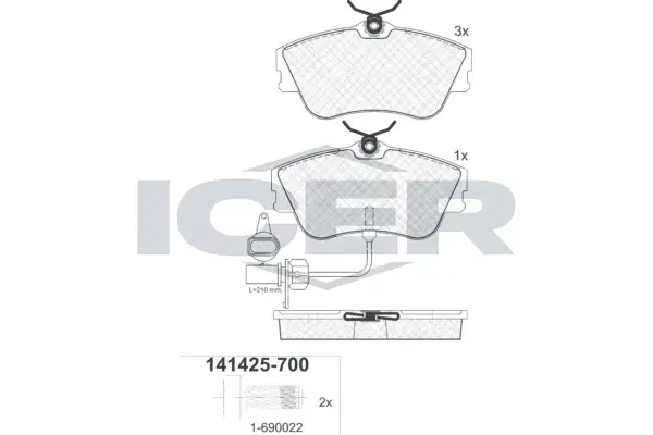 Колодки гальмівні (передні) VW T4 R15 90-03 (+датчик) ICER 141425-700 (фото 1)