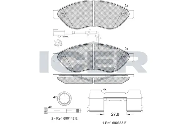 Колодки гальмівні (передні) Citroen Jumper/Fiat Ducato/Peugeot Boxer 06- (+ датчик) ICER 141803-203 (фото 1)