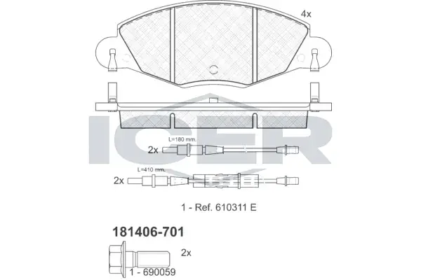 Колодки гальмівні (передні) Citroen С5 01- (+датчики) ICER 181406-701 (фото 1)