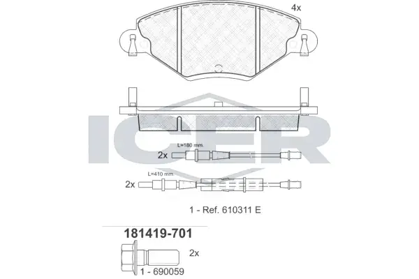 Колодки гальмівні (передні) Citroen C5 01- (+датчики) ICER 181419-701 (фото 1)