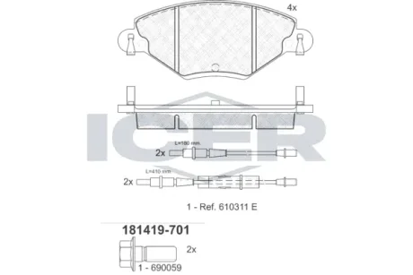 Колодки гальмівні (передні) Citroen C5 01- (+датчики) ICER 181419-701