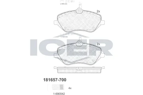 Колодки гальмівні (передні) Citroen C5 08-/C6 05-12/Peugeot 407 04-/607 00-11 (+датчики) ICER 181657-700
