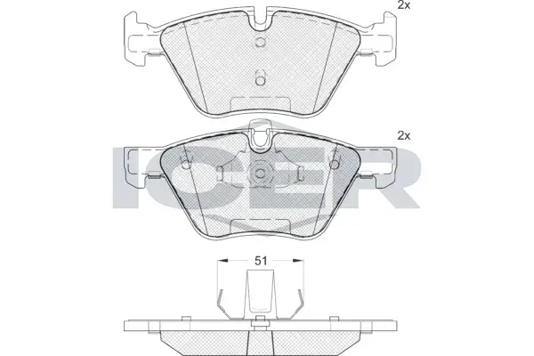 Колодки гальмівні (передні) BMW 3 (E90/E91/E92) 07-13/5 (E60/E61) 03-10/X1 (E84) 09-15 (кріпл.51мм) ICER 181683 (фото 1)