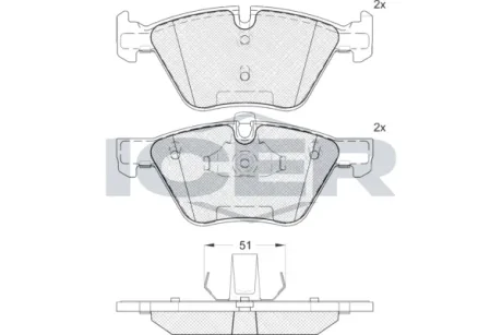 Колодки гальмівні (передні) BMW 3 (E90/E91/E92) 07-13/5 (E60/E61) 03-10/X1 (E84) 09-15 (кріпл.51мм) ICER 181683