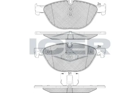Колодки гальмівні (передні) BMW 5 (F07/F10/F11) 09-17/6 (F06/F13) 11-18/7 (F01/F02/F03/F04) 08-15 ICER 181961