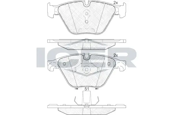 Колодки гальмівні (передні) BMW 5 (F07/F10/F18) 09-17/6 (F06/F13) 11-18/7 (F01/F02/F03/F04) 08-12 ICER 181998 (фото 1)