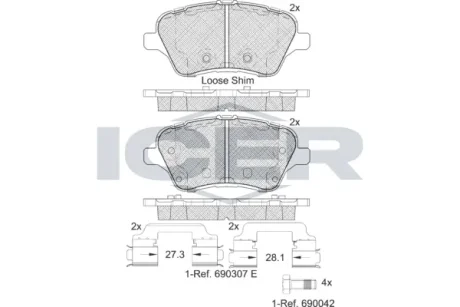 Колодки гальмівні (передні) Ford Transit Courier/Tourneo Courier 14-/Fiesta VI 08-/B-Max 12- ICER 182108