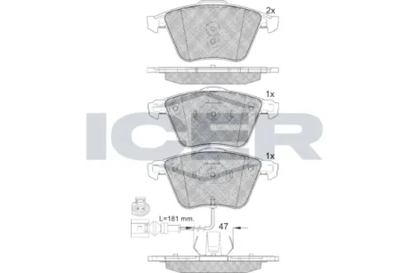 Колодки гальмівні (передні) Audi A3/TT/Seat Leon 03-15/VW Golf VI/Jetta VI/Scirocco III 08-14 ICER 182148