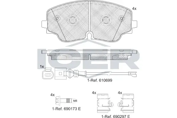 Колодки гальмівні (передні) Audi A3 20-/VW Golf VIII 19-/Tiguan/Arteon 20- (+датчик) ICER 182423 (фото 1)