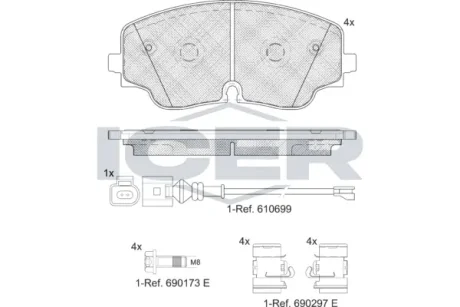 Колодки гальмівні (передні) Audi A3 20-/VW Golf VIII 19-/Tiguan/Arteon 20- (+датчик) ICER 182423