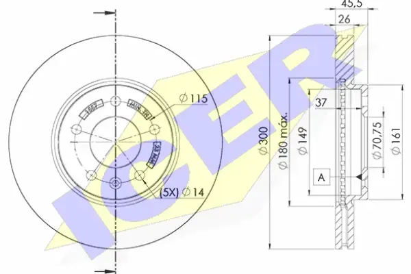Диск гальмівний (передній) Opel Astra J 09-/Zafira C 11- (300x26)(з покриттям)(вентильований) ICER 78BD1557-2 (фото 1)