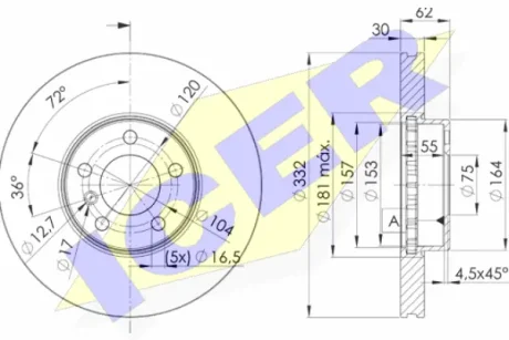 Диск гальмівний (передній) BMW X5 (E70) 06-13/X6 (E71/E72) 10-14 (332x30) (з покриттям) (вентил.) ICER 78BD1985-2