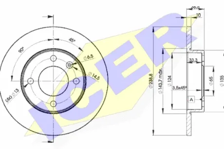 Диск гальмівний (передній) Audi 80 72-86/VW Passat/Golf 73-97/Polo 81-94 (239x10) (з покр.) (повний) ICER 78BD3325-2