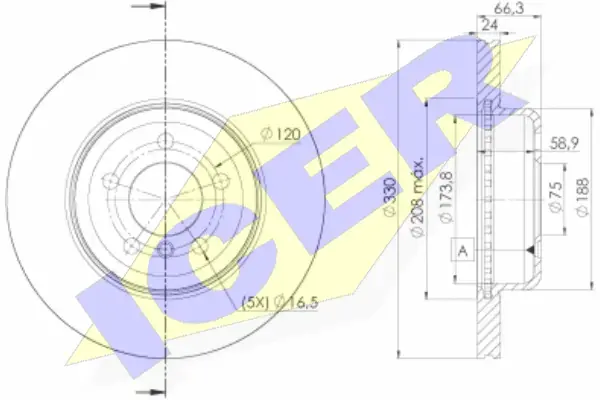 Диск гальмівний (передній) BMW 5 (F10/F11)/Brilliance 5 (F10/F18) 10-17 (330x24) (з покр.) (вентил.) ICER 78BD3555-2 (фото 1)
