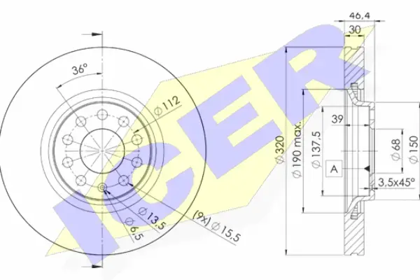 Диск гальмівний (передній) Audi A4/A6 97-09/Seat Exeo 08-13 (321x30) (з покриттям) (вент.) ICER 78BD3615-2 (фото 1)