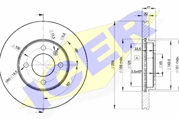 Диск гальмівний (передній) Seat Ibiza/VW Caddy/Polo 93-04/Golf/Passat 87-02 (256x20) (з покр.) (вент) ICER 78BD3790-2 (фото 1)