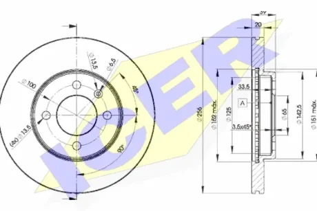 Диск гальмівний (передній) Seat Ibiza/VW Caddy/Polo 93-04/Golf/Passat 87-02 (256x20) (з покр.) (вент) ICER 78BD3790-2