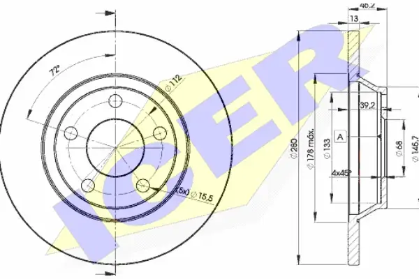 Диск гальмівний (передній) Audi A4 94-01 (280х13) (з покриттям) (повний) ICER 78BD4064-2 (фото 1)