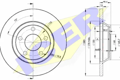 Диск гальмівний (передній) Audi A4 94-01 (280х13) (з покриттям) (повний) ICER 78BD4064-2