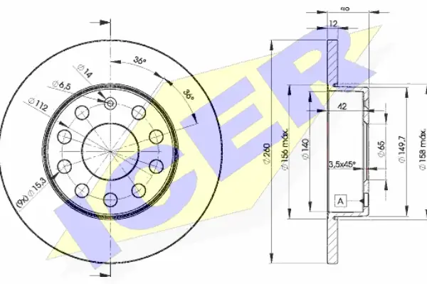 Диск гальмівний (задній) Audi A3/Skoda Octavia/SuperB/VW Caddy/Golf 03-15 (260х12)(з покр.)(повний) ICER 78BD5310-2 (фото 1)