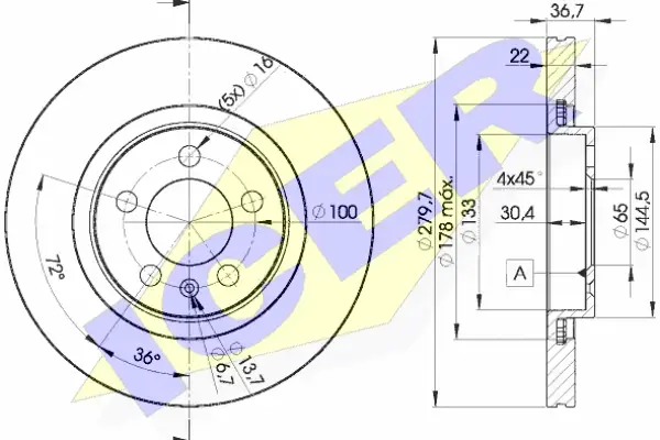 Диск гальмівний (передній) Audi A3/koda Octavia/VW Bora/Golf IV 96-10 (280x22) (вент.) ICER 78BD5603-2 (фото 1)