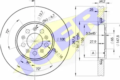 Диск гальмівний (передній) Skoda Fabia/Octavia 96-14/Roomster 06-15/VW Golf (287.6x25)(з покр.)(вент) ICER 78BD5604-2
