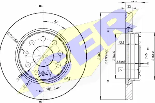 Диск гальмівний (передній) Audi A3/Seat Leon/Skoda Octavia/VW Caddy/Golf 04- (280x22)(з покр.)(вент.) ICER 78BD5614-2 (фото 1)
